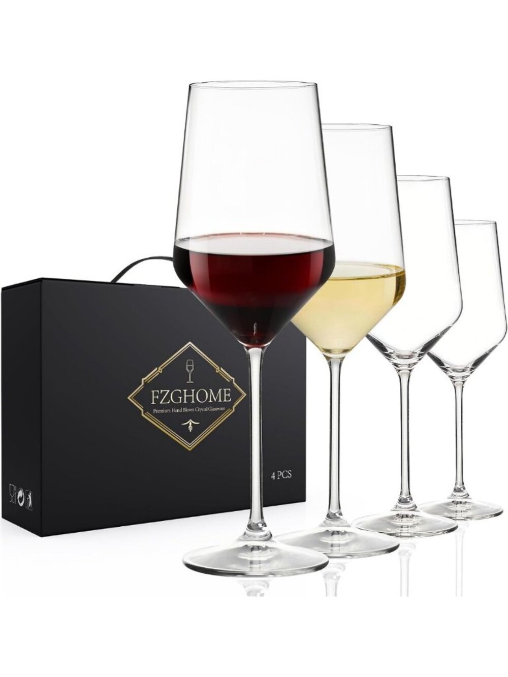 Elegant Hand Blown Red Wine Glasses Set of 4, Crystal Long Stem, Perfect Gift